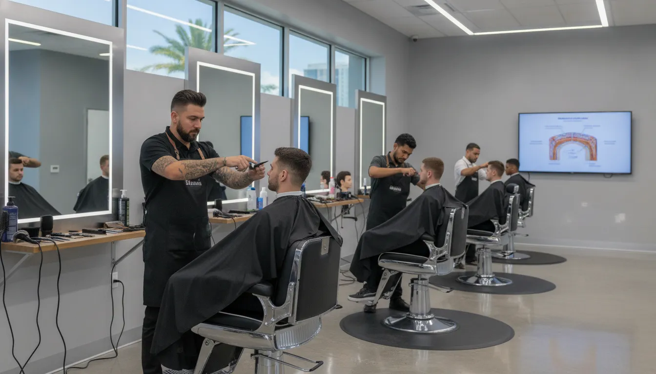Barber training in Fort Myers with students practicing haircuts in a classroom.
