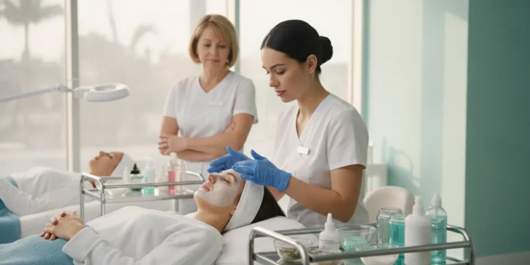 Beauty student practicing a facial skin-care technique in a classroom