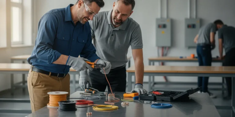 Electrical training student practicing a wiring connection at a workbench