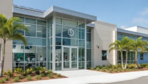 Electrical technology school in Fort Myers with palm trees and a glass entrance.