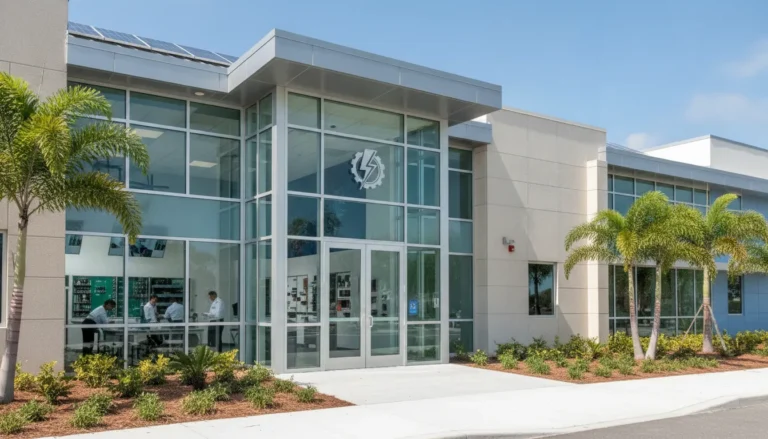 Electrical technology school in Fort Myers with palm trees and a glass entrance.