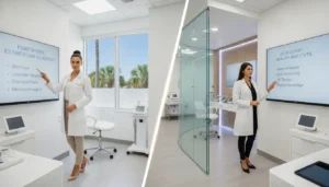 Two estheticians present training options in a Fort Myers classroom.