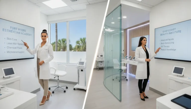 Two estheticians present training options in a Fort Myers classroom.