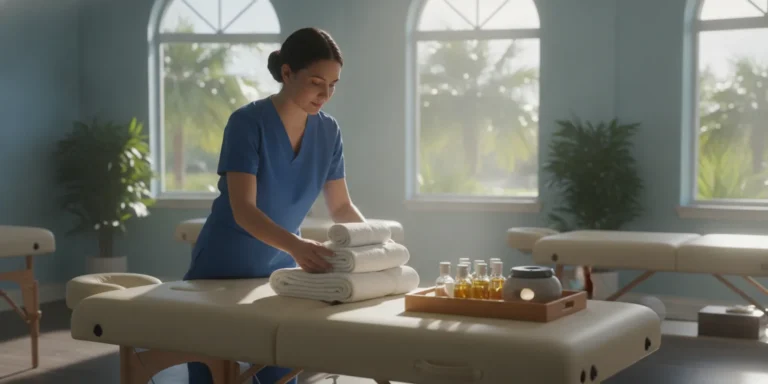 Massage therapist preparing a treatment room with a massage table and clean linens