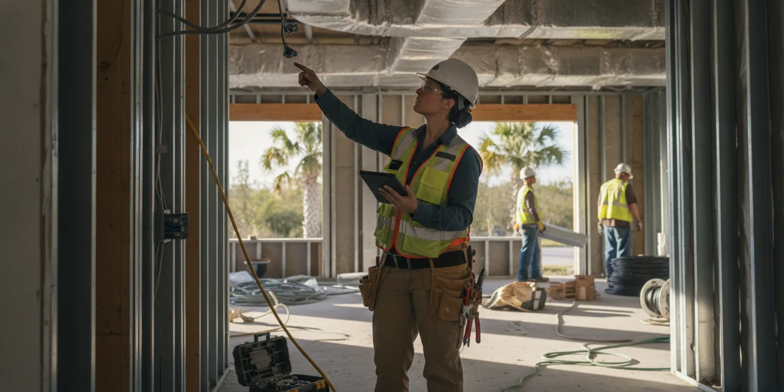 Technician reviewing mechanical and electrical systems on a Florida construction site