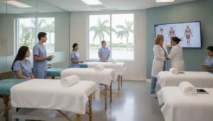 Massage therapy school in Fort Myers classroom with students and instructors practicing hands-on training.