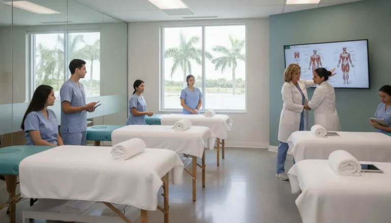 Massage therapy school in Fort Myers classroom with students and instructors practicing hands-on training.