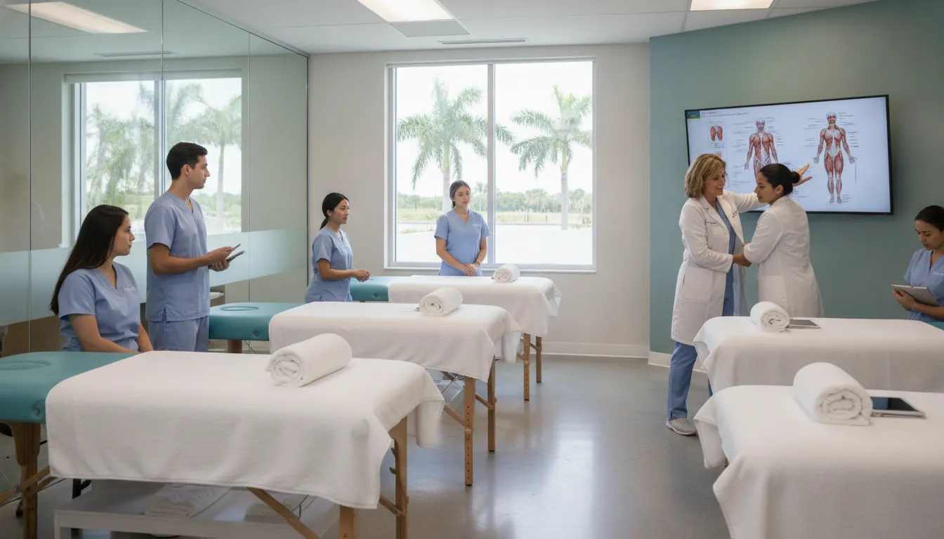 Massage therapy school in Fort Myers classroom with students and instructors practicing hands-on training.