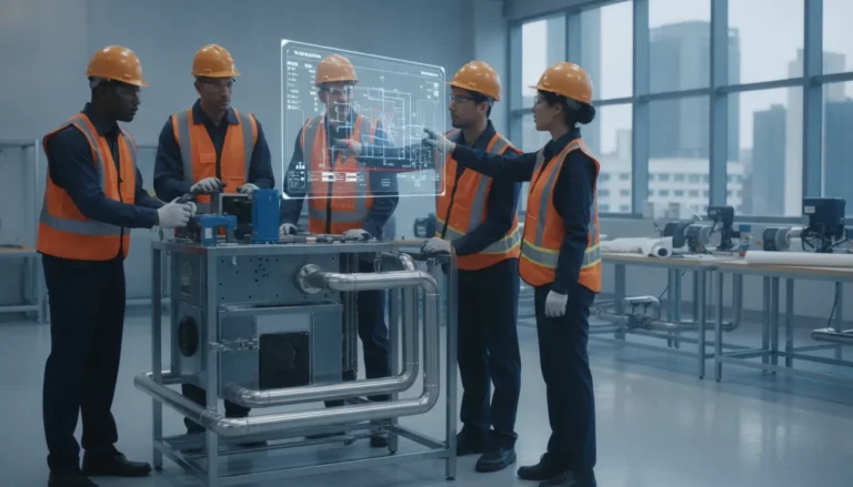 Mechanical construction trainees using digital blueprints and equipment during hands-on training.